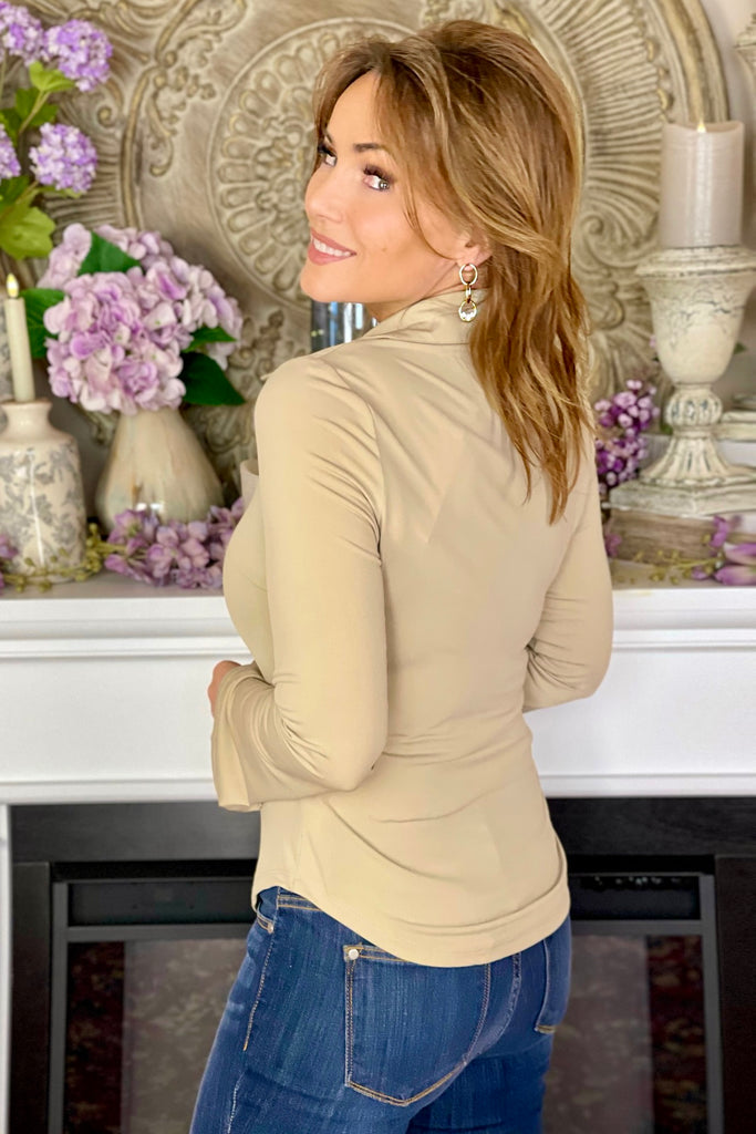 Button Front Knit Taupe Shirt w/Pleating Detail