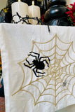 White Halloween Table Runner w/Embroidered Spiders & Web
