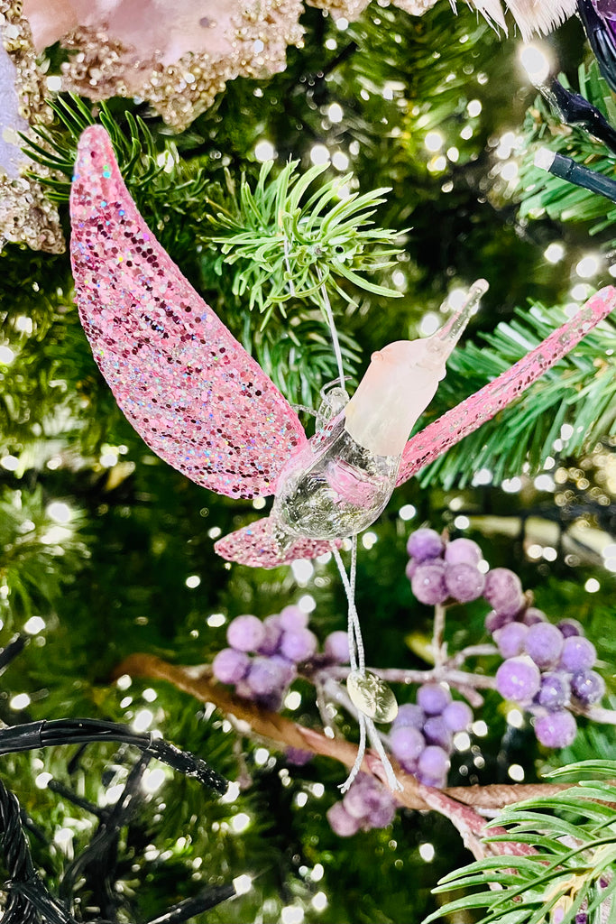 Pink and White Glass Bird Ornaments, Set of 6