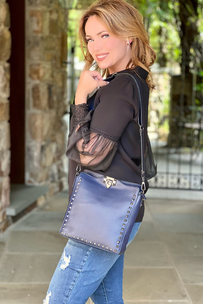 Metallic Dark Blue Italian Leather Small Crossbody Phone Bag