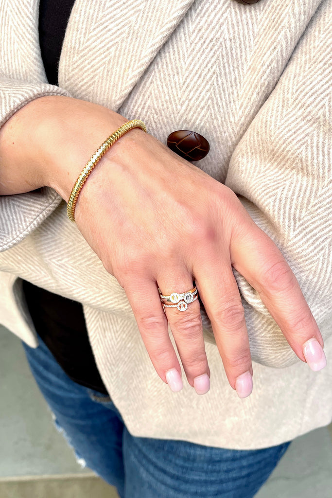 Set of 3 Solitaire Baguette and Pave Stack Rings