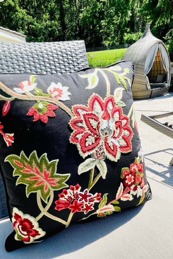 20" Square Black Cotton Pillow w/red Green Tan Embroidered Floral