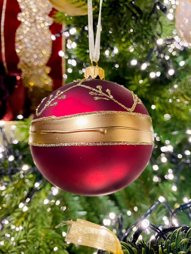 Burgundy and Gold Branches and Band European Glass Ornaments, Set of 6