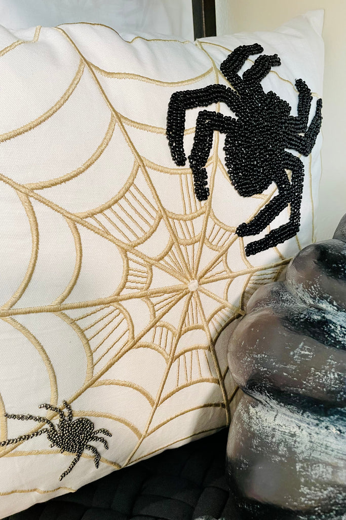 White Halloween Pillow w/Embroidered Spiders & Web