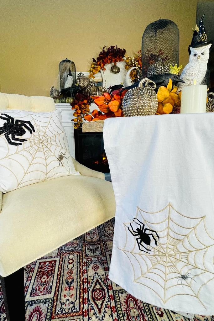 White Halloween Table Runner w/Embroidered Spiders & Web