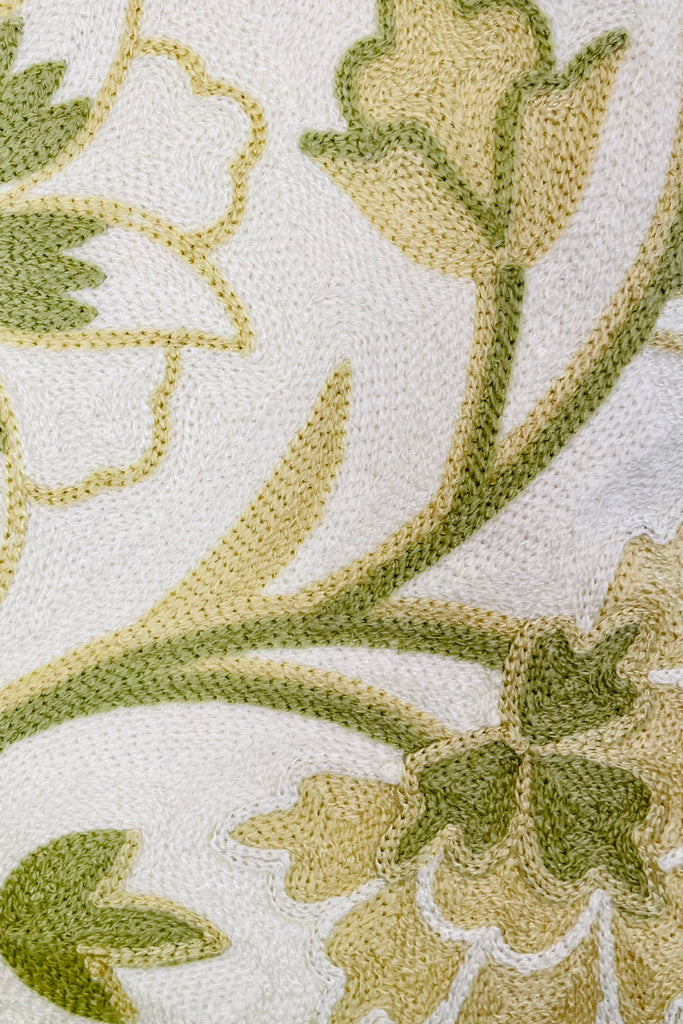 19" Square Hand Embroidered Cream & Green Floral Pillow