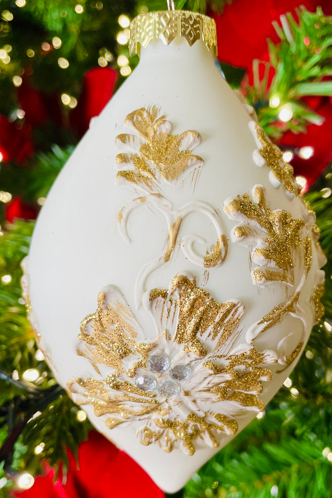 4" White and Gold Floral Ornaments  - Set of 3