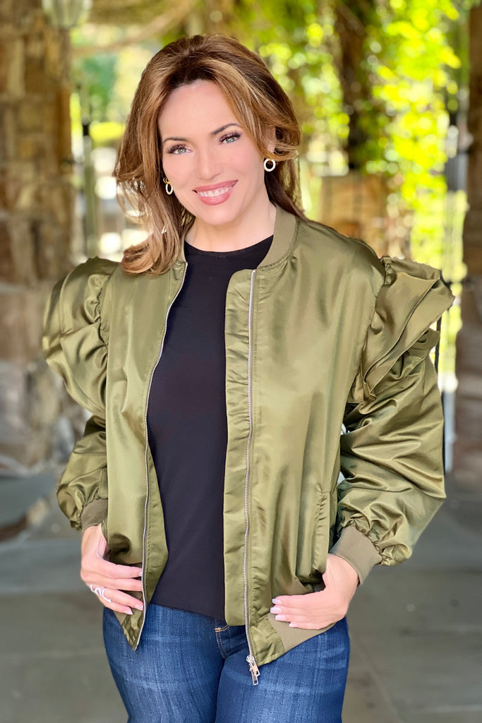 Ruffle Layered Sleeve Bomber Jacket