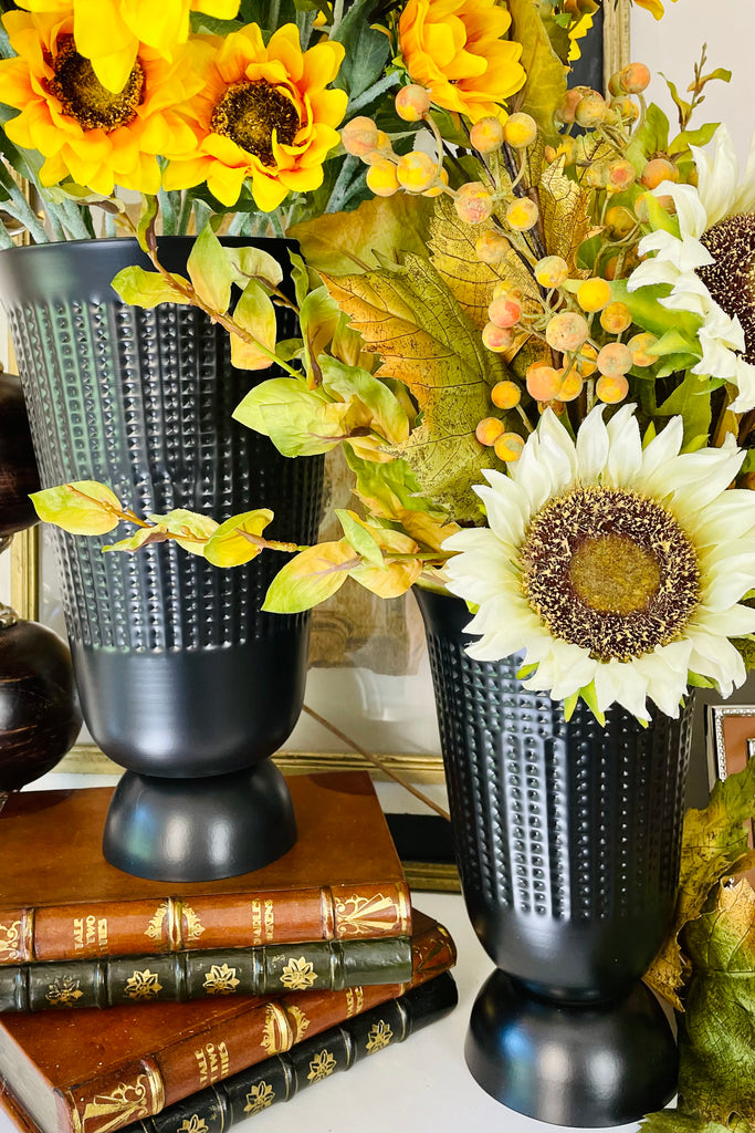 Set of 2 Textured Black Metal Fluted Vases