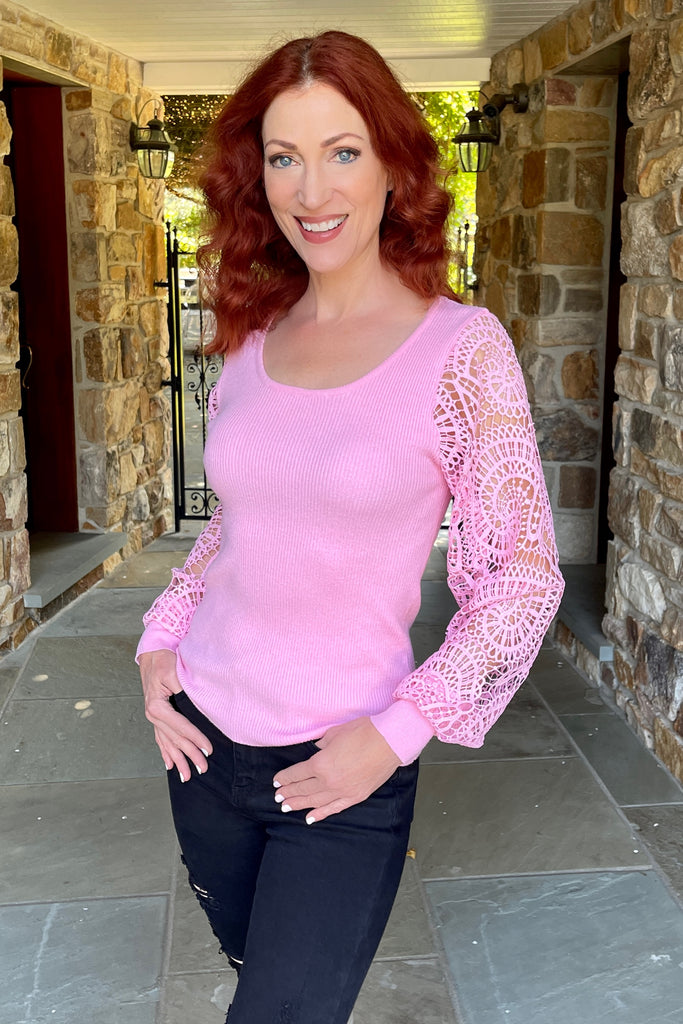 Crochet Lace Sleeve Scoop Neck Knit Top