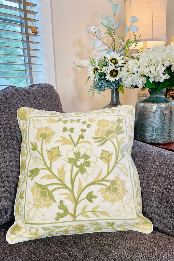 19" Square Hand Embroidered Cream & Green Floral Pillow