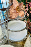 18 Inch White Ceramic 3 Tier Tray w/Silver Stainless Beaded Trim
