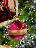Burgundy and Gold Branches and Band European Glass Ornaments, Set of 6