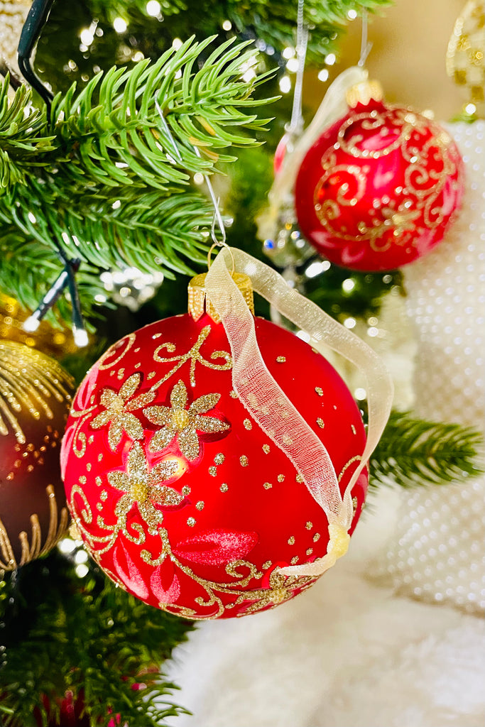 Christmas Red Flowers European Glass Ornaments, Set of 6