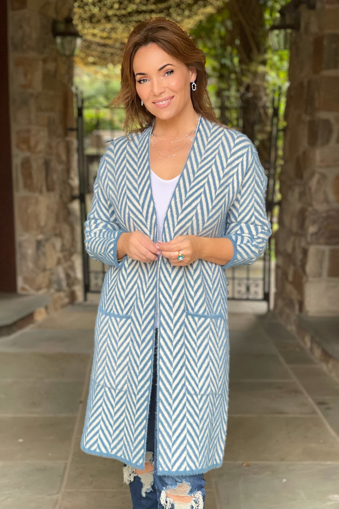 Blue Ivory Chevron Print Cardigan