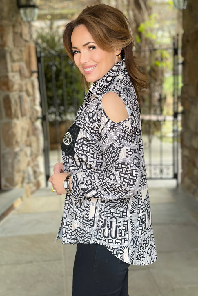 Black Status Print Cold Shoulder Button Front Blouse