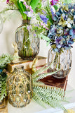 Set of 3 Smoked Glass Vases w/Gold Oval Pattern