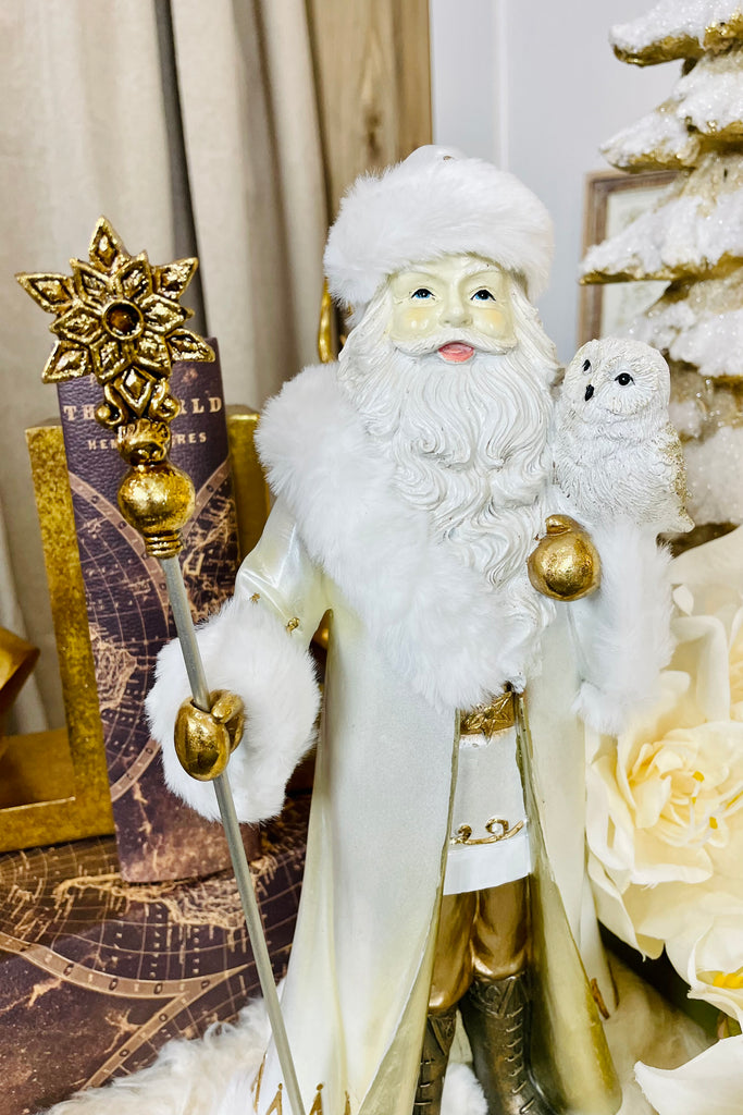 White & Gold Resin Santa w/Owl & Staff