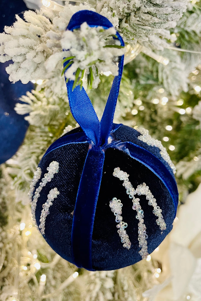 Night Blue Beaded Velvet Everlasting Ornaments, Set of 12