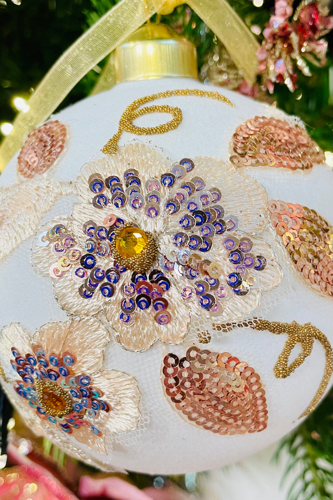 3'' Blush and Winter White Embroidered Flowers Glass Ornaments, Set of 6