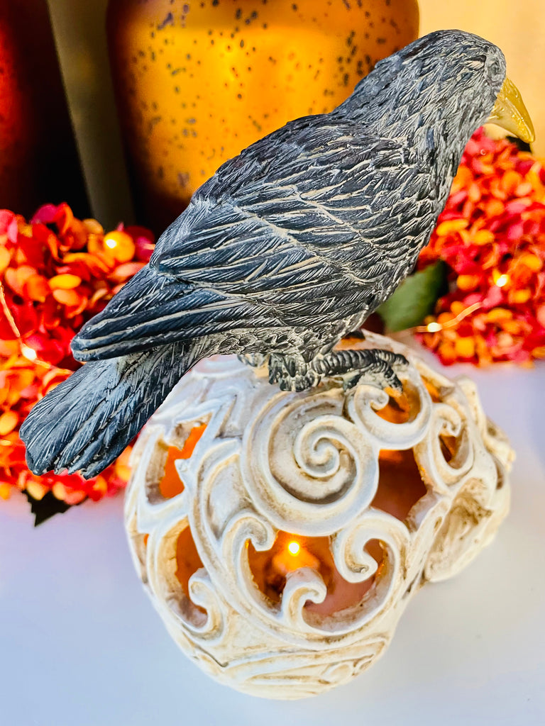 Resin Scroll Cut LED Skull w/Perched Crow