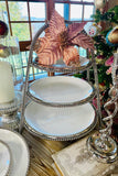 18 Inch White Ceramic 3 Tier Tray w/Silver Stainless Beaded Trim