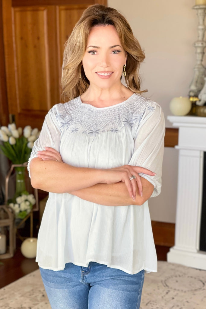 Embroidered 3/4 Sleeve Peasant Top