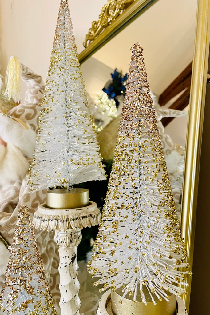 15" Lighted White Bottle Brush Trees with Gold Glitter, Set of 3