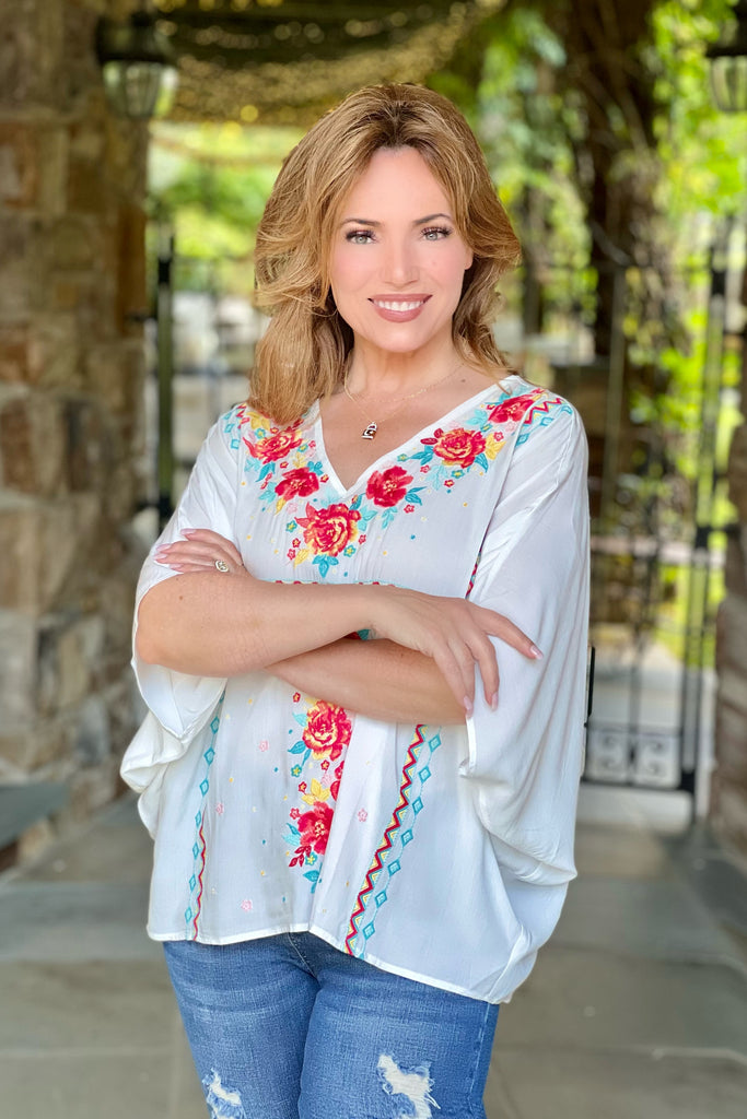 Embroidered Short Sleeve Poncho Style Top