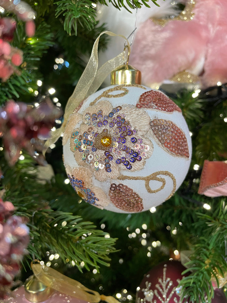 3'' Blush and Winter White Embroidered Flowers Glass Ornaments, Set of 6