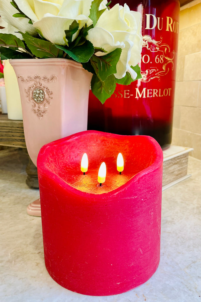 6" Triple Wick Red Wax Candle, LED Warm White Flame