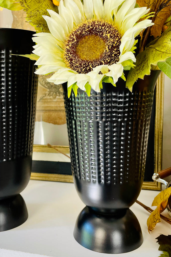 Set of 2 Textured Black Metal Fluted Vases