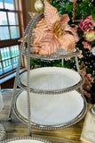 18 Inch White Ceramic 3 Tier Tray w/Silver Stainless Beaded Trim