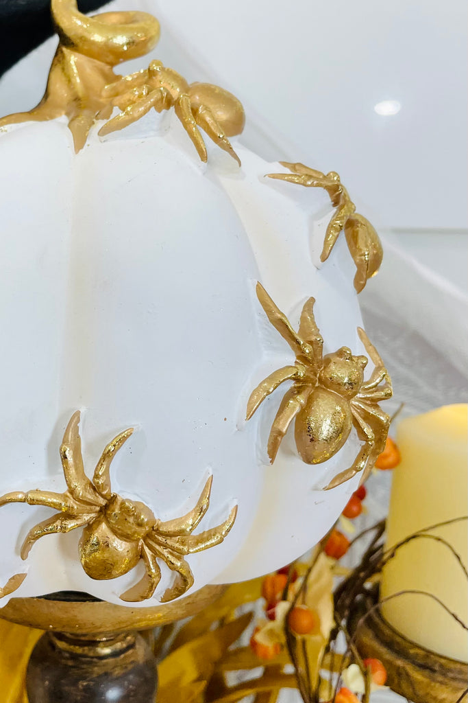 7" White Pumpkin with Gold Spiders