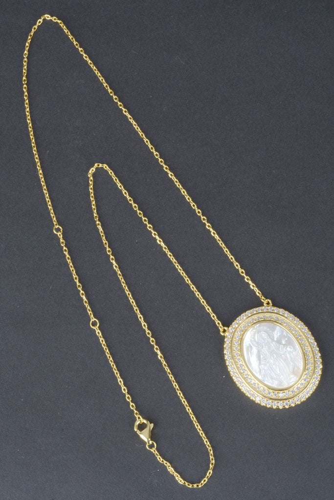 Carved Mother of Pearl Miraculous Medal with Pave Border Necklace