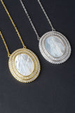 Carved Mother of Pearl Miraculous Medal with Pave Border Necklace