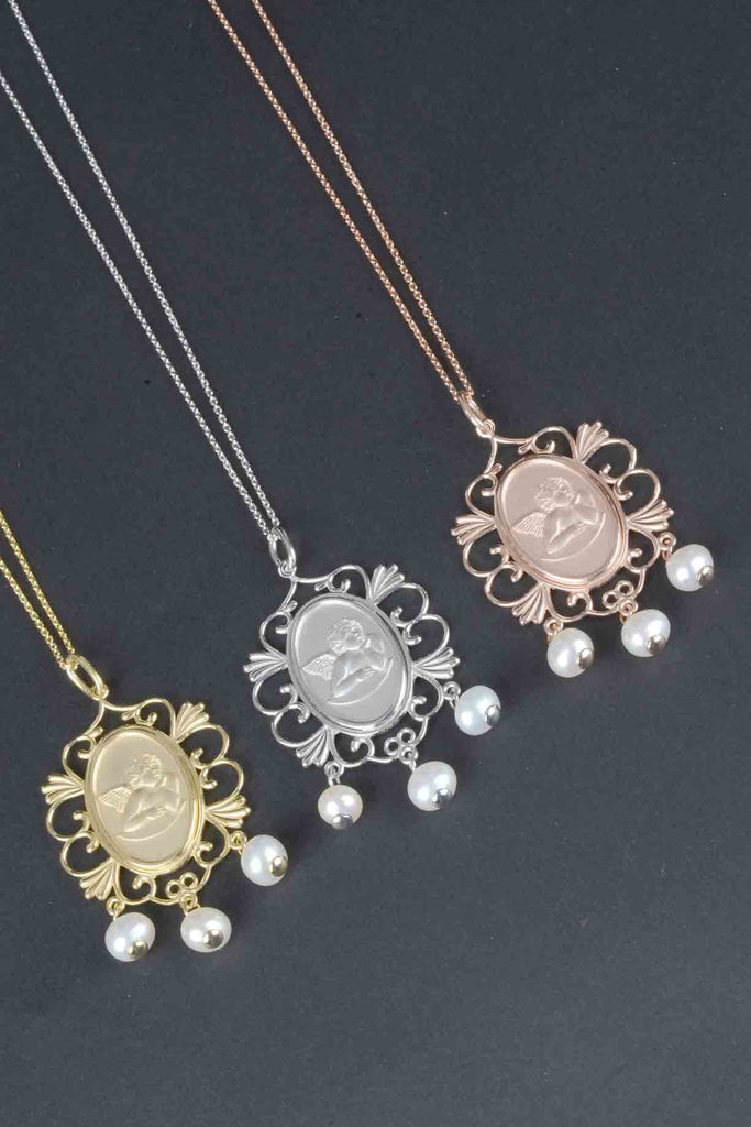 Italian Sterling Ornate Angel and Cultured Pearl Pendant