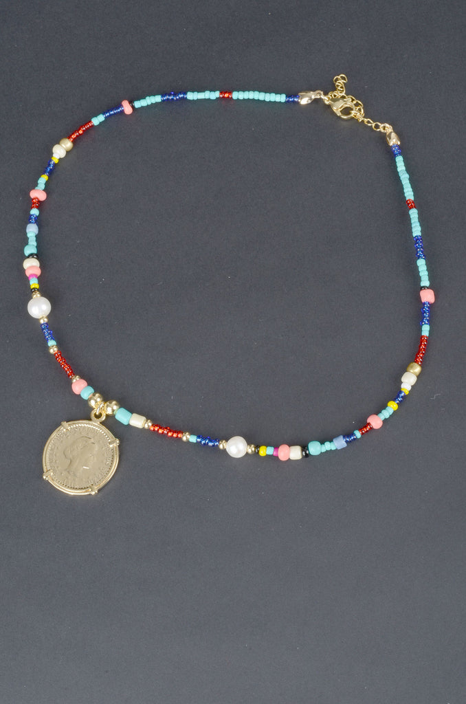 Sterling Colorful Bead and Cultured Pearl Coin Necklace