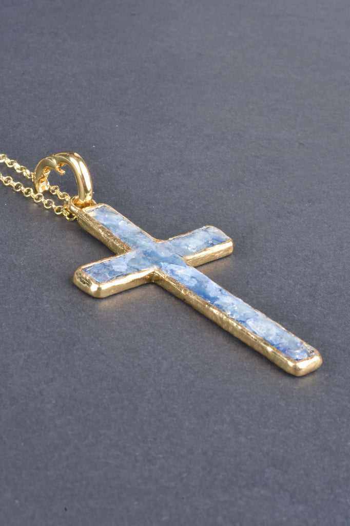 Sterling Handmade Elongated Roman Glass Cross Enhancer Necklace