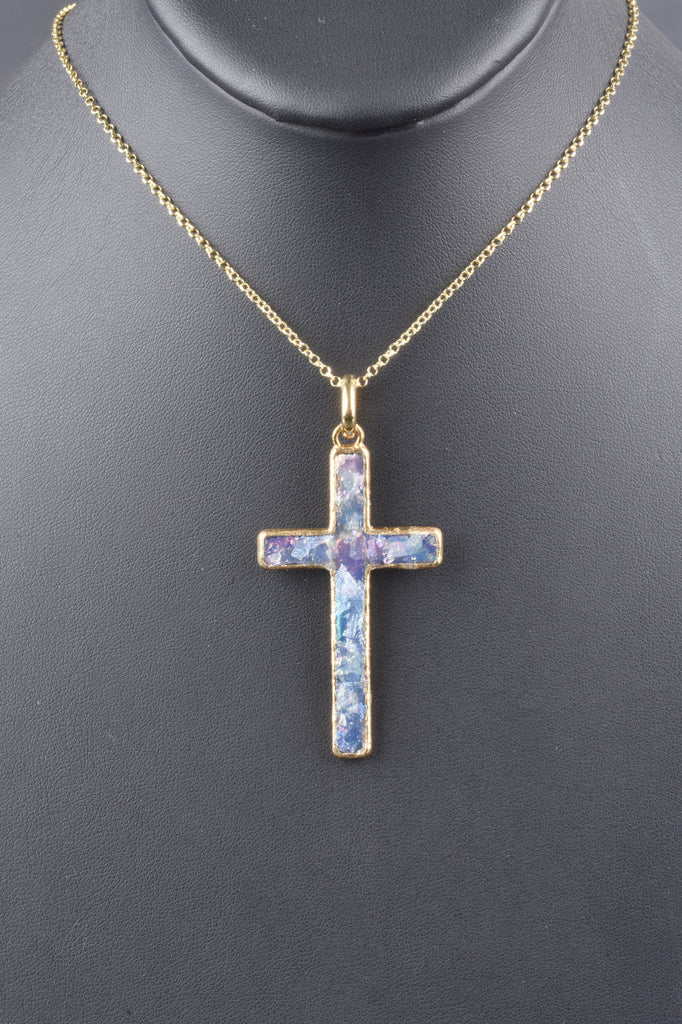 Sterling Handmade Elongated Roman Glass Cross Enhancer Necklace