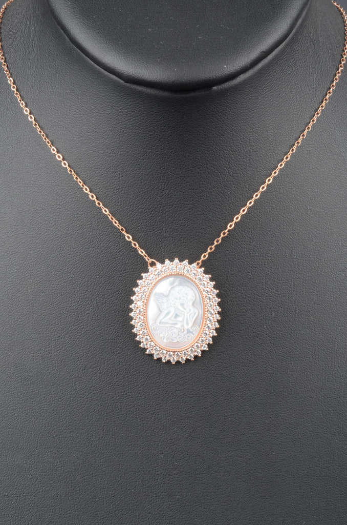 Sterling Carved Mother of Pearl Angel with Pave Border Necklace