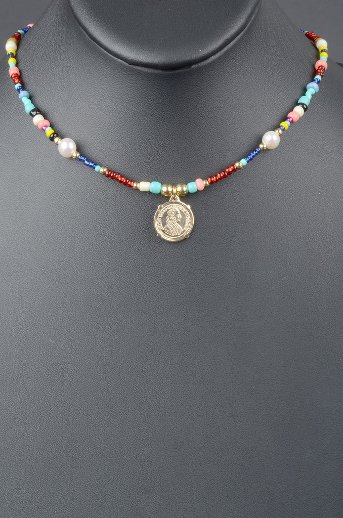 Sterling Colorful Bead and Cultured Pearl Coin Necklace