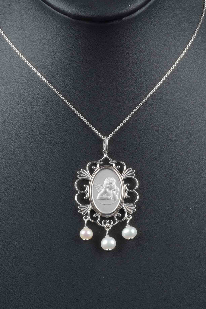 Italian Sterling Ornate Angel and Cultured Pearl Pendant