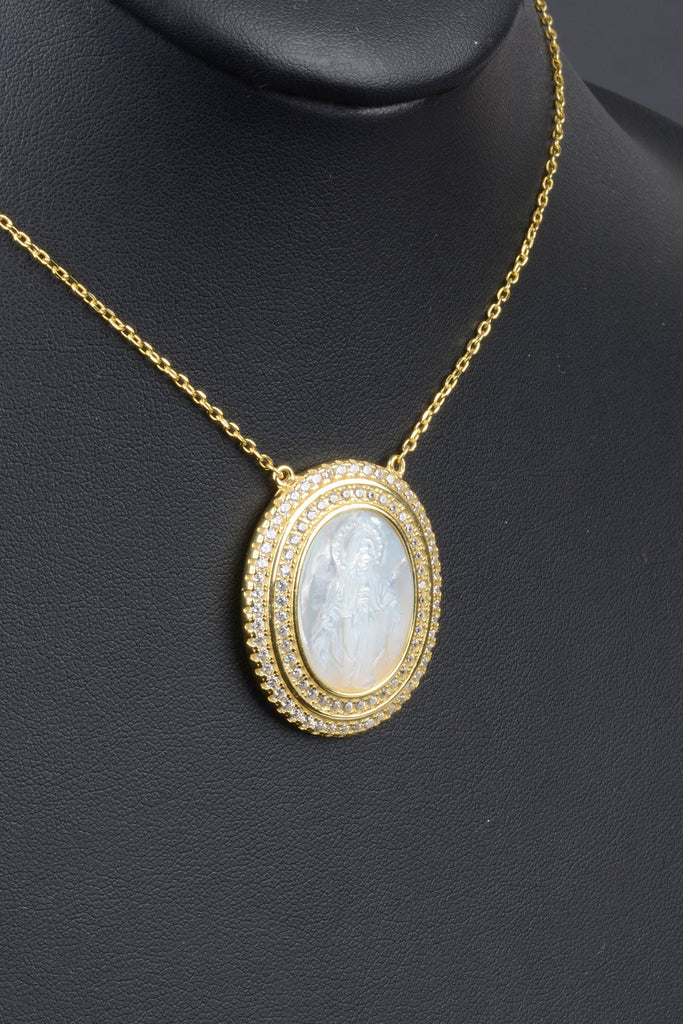 Carved Mother of Pearl Miraculous Medal with Pave Border Necklace