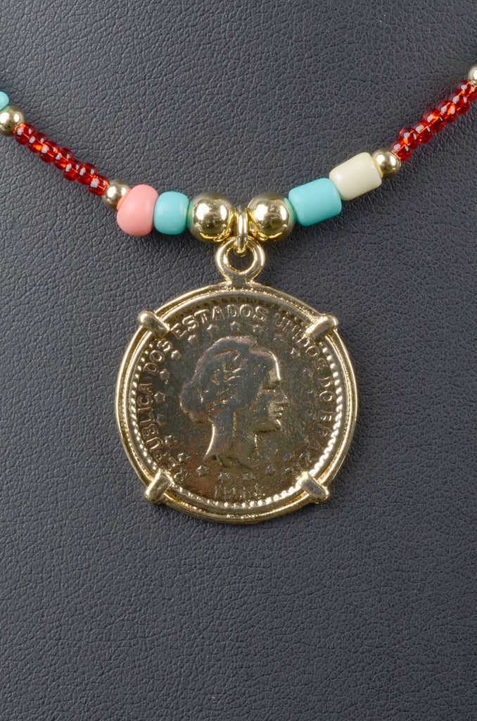 Sterling Colorful Bead and Cultured Pearl Coin Necklace