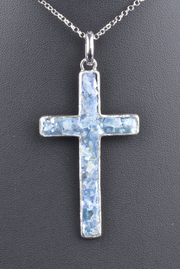 Sterling Handmade Elongated Roman Glass Cross Enhancer Necklace