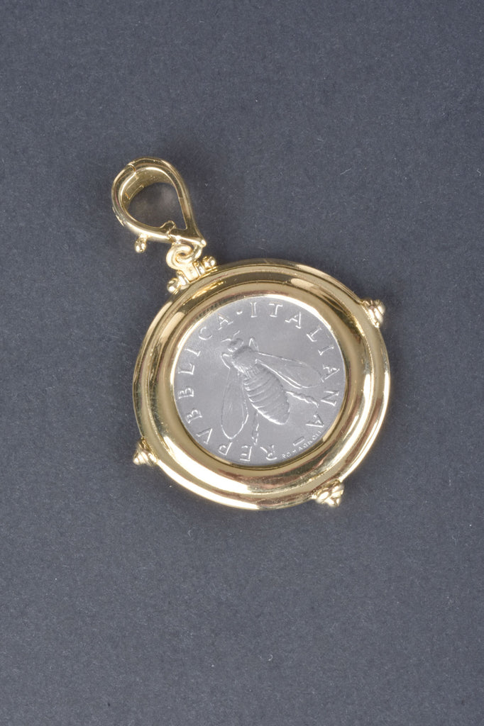 Sterling Italian Bee Lire Coin Enhancer with Polished Bead Accent Frame