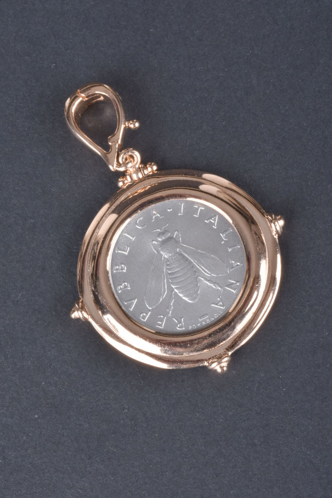 Sterling Italian Bee Lire Coin Enhancer with Polished Bead Accent Frame