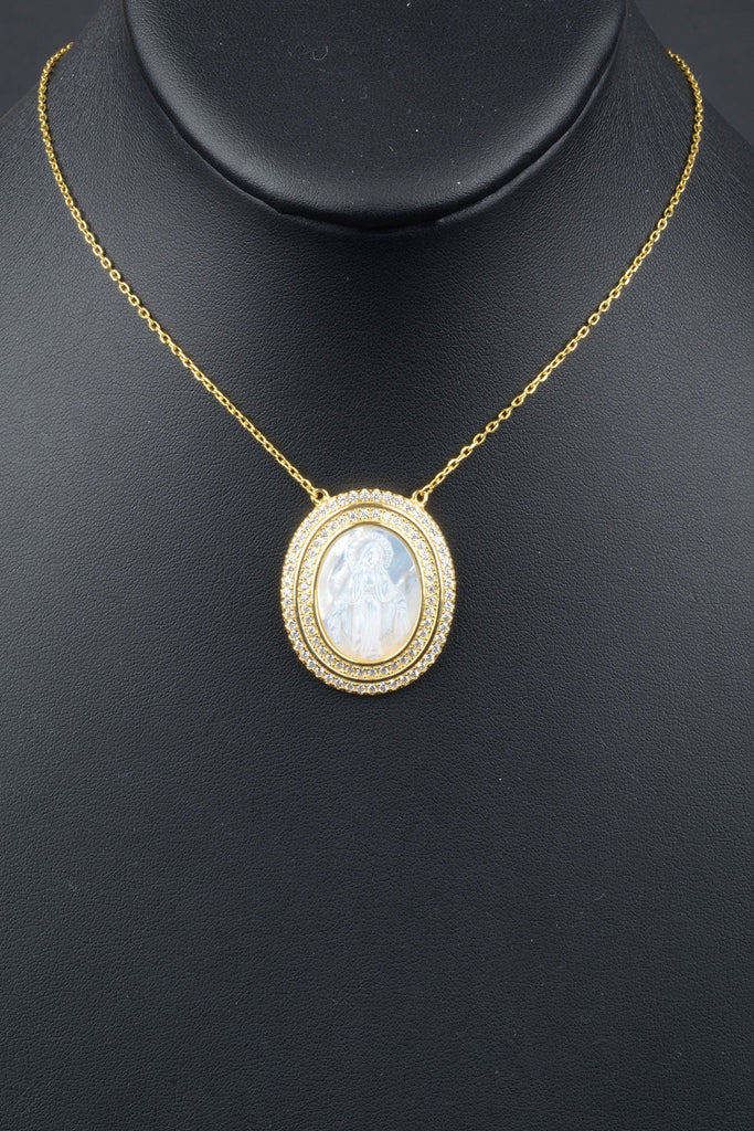 Carved Mother of Pearl Miraculous Medal with Pave Border Necklace