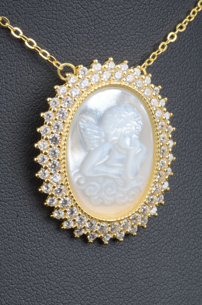 Sterling Carved Mother of Pearl Angel with Pave Border Necklace
